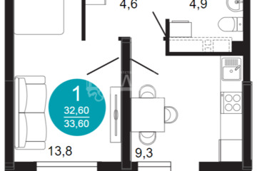 1-к квартира, 33,6 м², 1/23 эт.