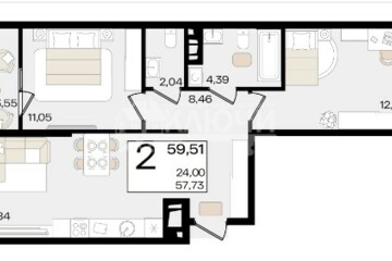 2-к квартира, 59,5 м², 12/18 эт.